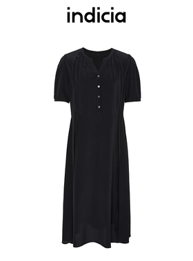 indicia标记夏季黑色桑蚕丝垂顺短袖连衣裙女装裙子6B405LQ277C