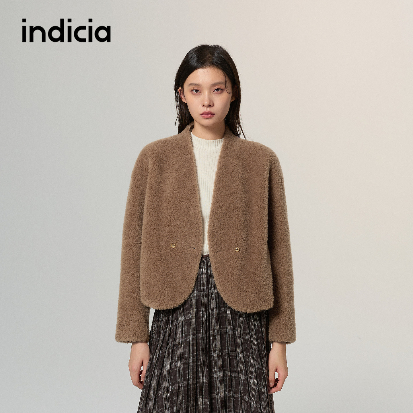 indicia标记商场同款驼色羊毛皮草外套短款2026冬季新款女装