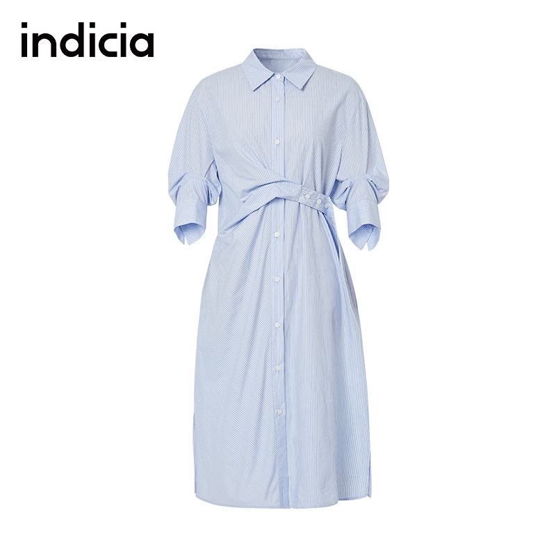 indicia纯棉连衣裙夏衬衫领女装
