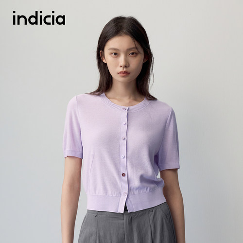 indicia标记商场同款2026夏季新款女装紫色针织衫短袖柔软开衫女