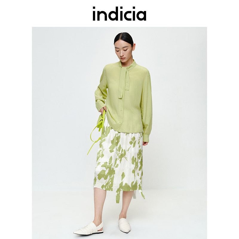 indicia飘带绿色天丝衬衫上衣春夏季商场同款标记女装5A302CS084