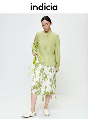 indicia飘带绿色天丝衬衫上衣春夏季商场同款标记女装5A302CS084