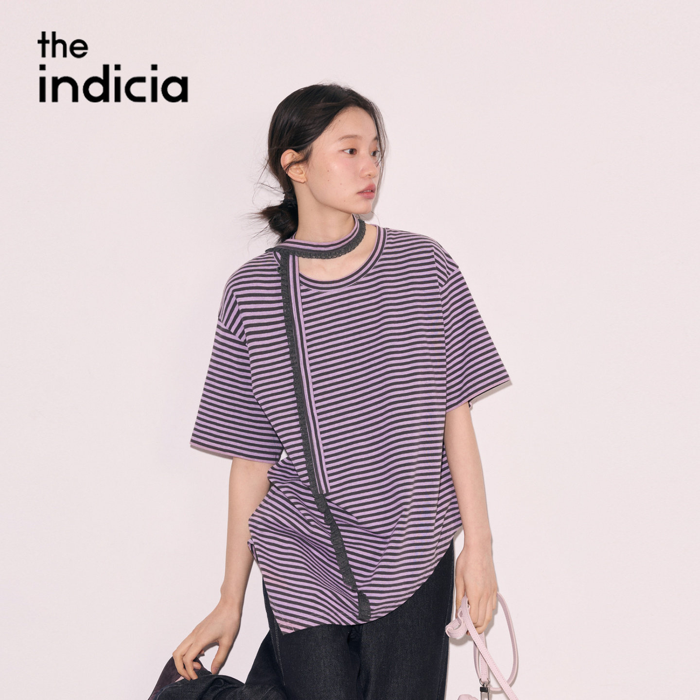 indicia标记商场同款2026夏秋季女装紫色条纹T恤上衣L2C6TX230Y