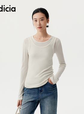 indicia标记商场同款25秋新款假两件绵羊毛薄长袖T恤F2C5TX404C