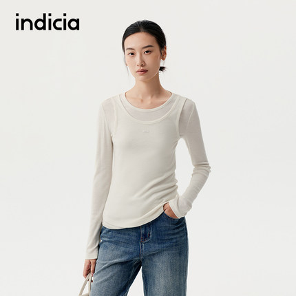 indicia标记商场同款25秋新款假两件绵羊毛薄长袖T恤F2C5TX404C