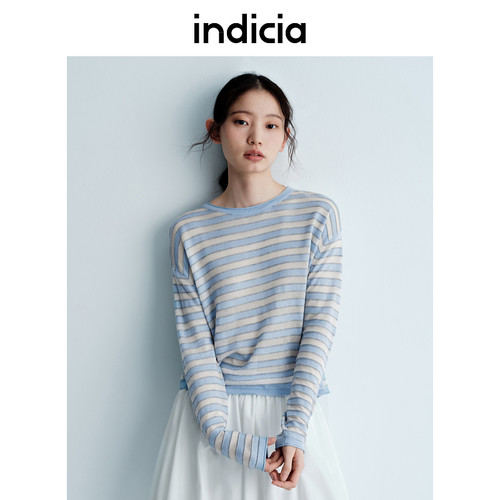 indicia标记25春夏新款薄款长袖条纹针织衫清新蓝色T恤L2B5ZZ035