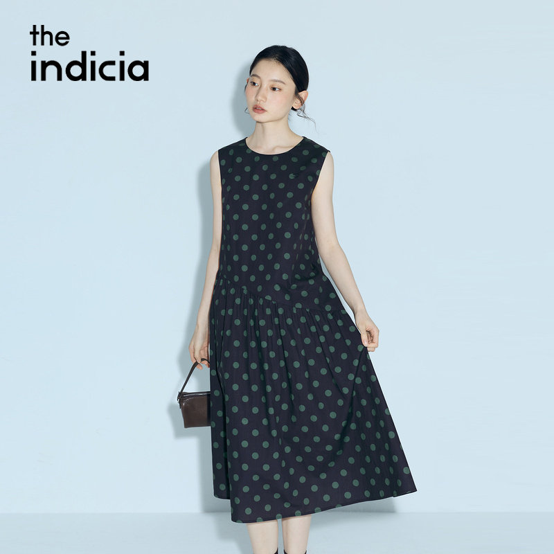 indicia标记商场同款2026夏季新款女装连衣裙黑色纯棉波点长裙子