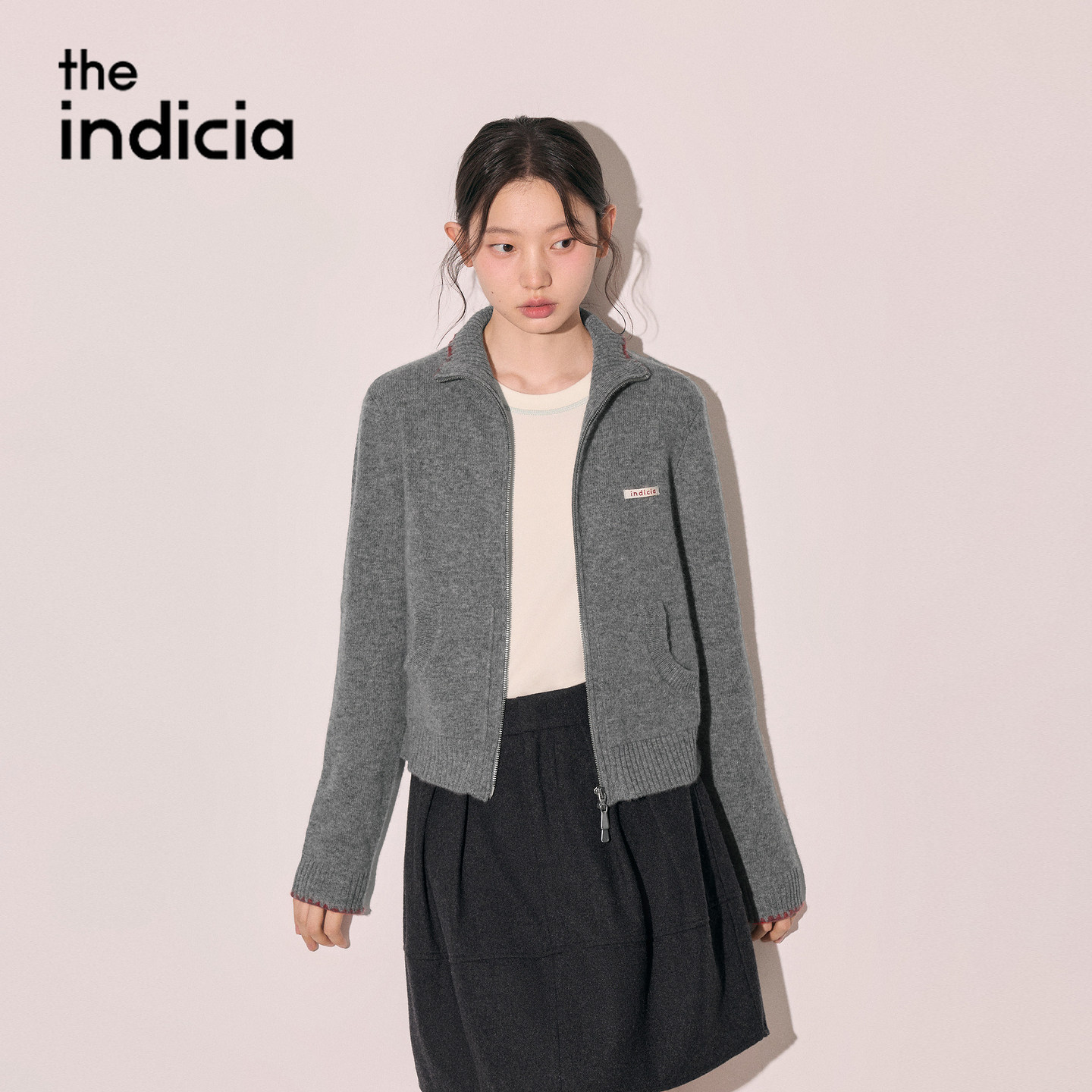 indicia标记羊毛针织衫灰色开衫毛衣2026冬季新款女装L2D6KS318Y