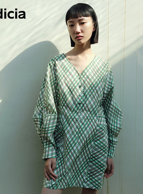 indicia格纹连衣裙女绿色V领裙子春季时尚女装3A201LQ059