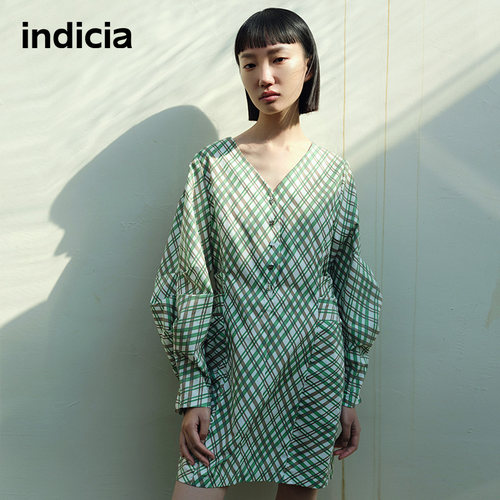 indicia格纹连衣裙春季绿色V领