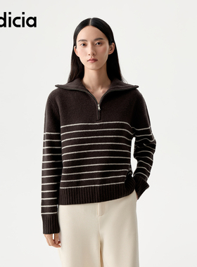 indicia标记2025秋冬新款女装羊毛针织衫女翻领条纹毛衫L2D5MS223