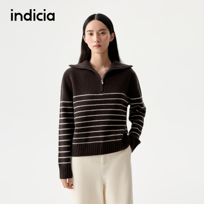 indicia标记2025秋冬新款女装羊毛针织衫女翻领条纹毛衫L2D5MS223