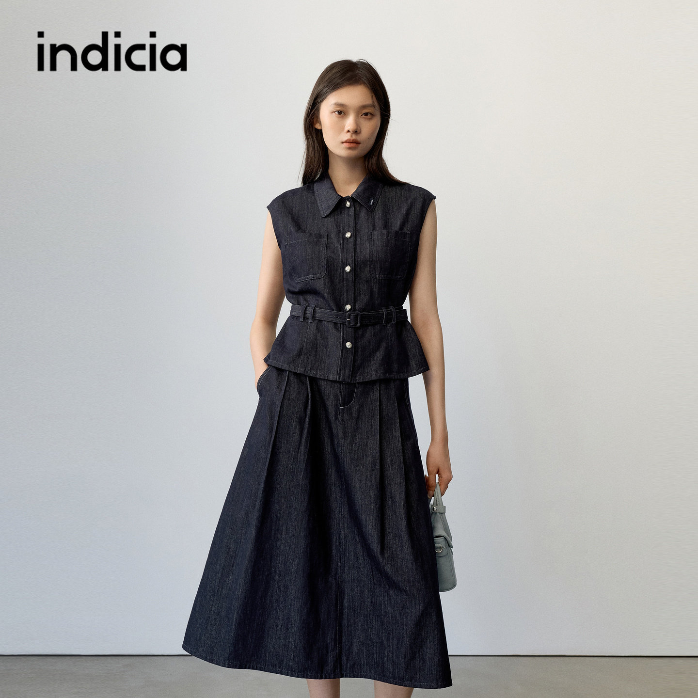 indicia标记商场同款2026秋新款女装两件套藏青色马甲半身裙套装