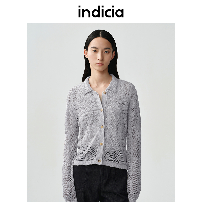 indicia标记商场同款25夏新款翻领镂空气质针织衫 F2B5ZZ136F