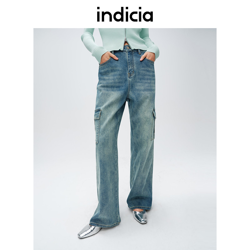 indicia标记春季款蓝色牛仔裤口袋休闲直筒长裤子C6A404NK031