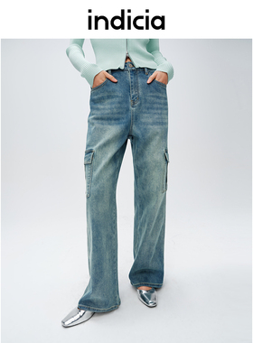 indicia标记春季款蓝色牛仔裤口袋休闲直筒长裤子C6A404NK031