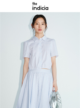 indicia标记夏季新款女装蓝色条纹衬衫短款休闲衬衣短袖上衣女