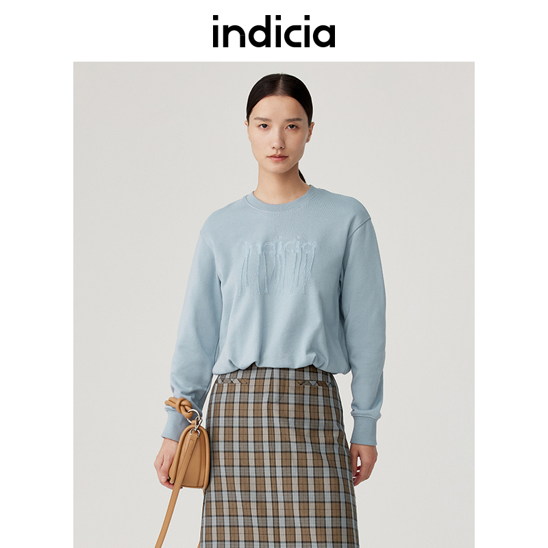 indicia  蓝色短款圆领套头卫衣2023春秋季商场同款标记女装