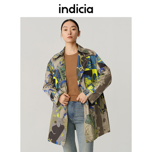 indicia长袖翻领中长款印花风衣