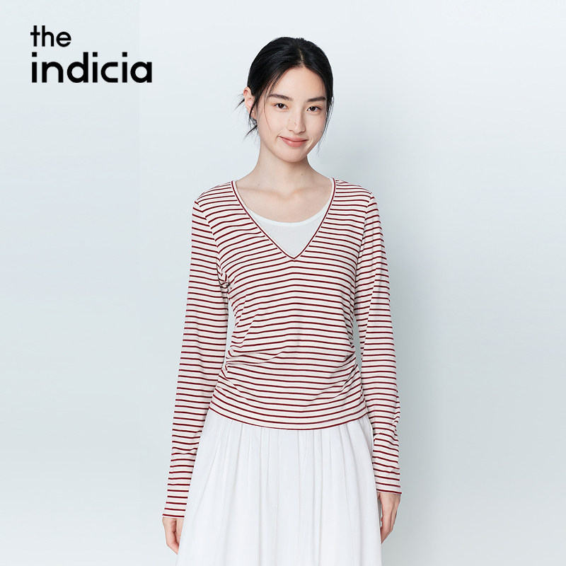 indicia标记26春季新款女装红白条纹假两件针织衫长袖L2A6ZZ025