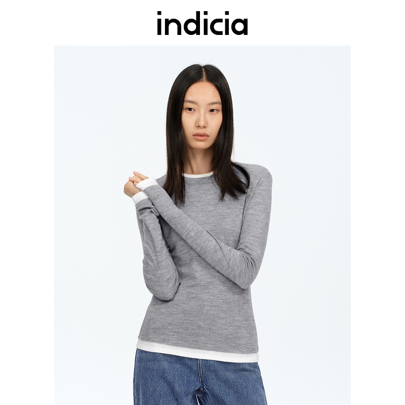 indicia标记商场同款25春新款拼色双层领假两件打底衫F2A5ZZ041F