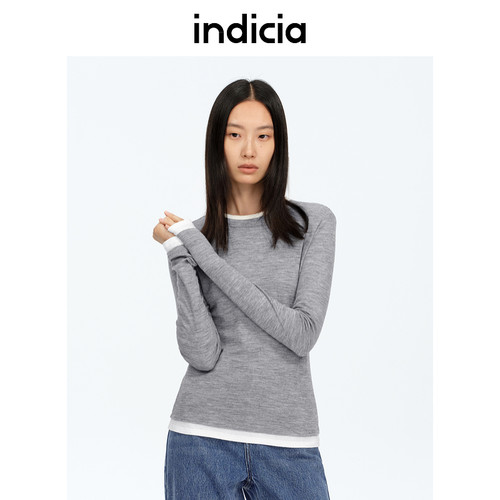 indicia标记商场同款25春新款拼色双层领假两件打底衫F2A5ZZ041F