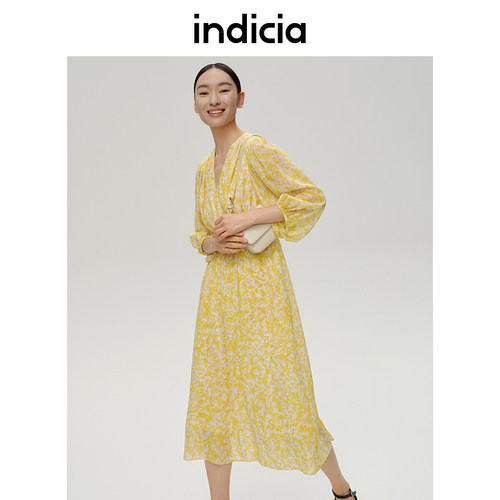 indicia桑蚕丝真丝V领印花连衣裙
