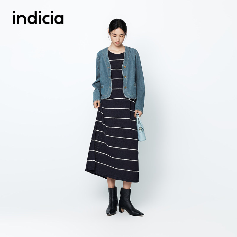 indicia标记25秋新款无袖针织藏青条纹连衣裙女打底裙子L2C5LQ150