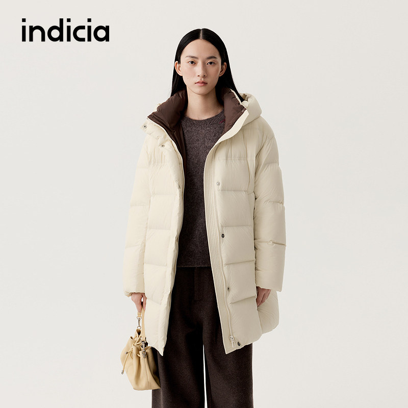 indicia 标记商场同款25冬季女装连帽米黄色羽绒服外套L2D5YR269