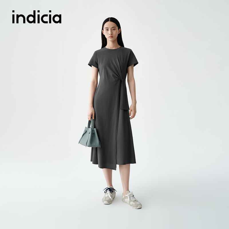 indicia标记商场同款夏季新款女装纯棉休闲高腰设计感灰色连衣裙