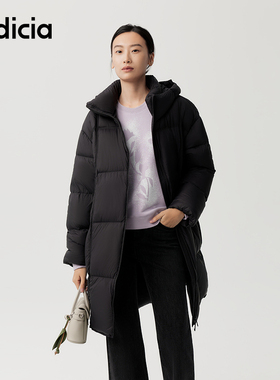 indicia标记商场冬季蓬松连帽黑色羽绒服外套中长款女 F2D4YR797F