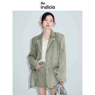 indicia标记春季新款品质女装纯棉复古绿色牛仔西装外套女休闲