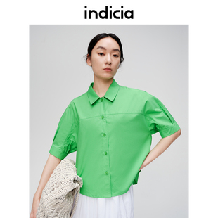 indicia标记女装夏季新款纯棉衬衫女短袖绿色上衣时尚6B405CS271N