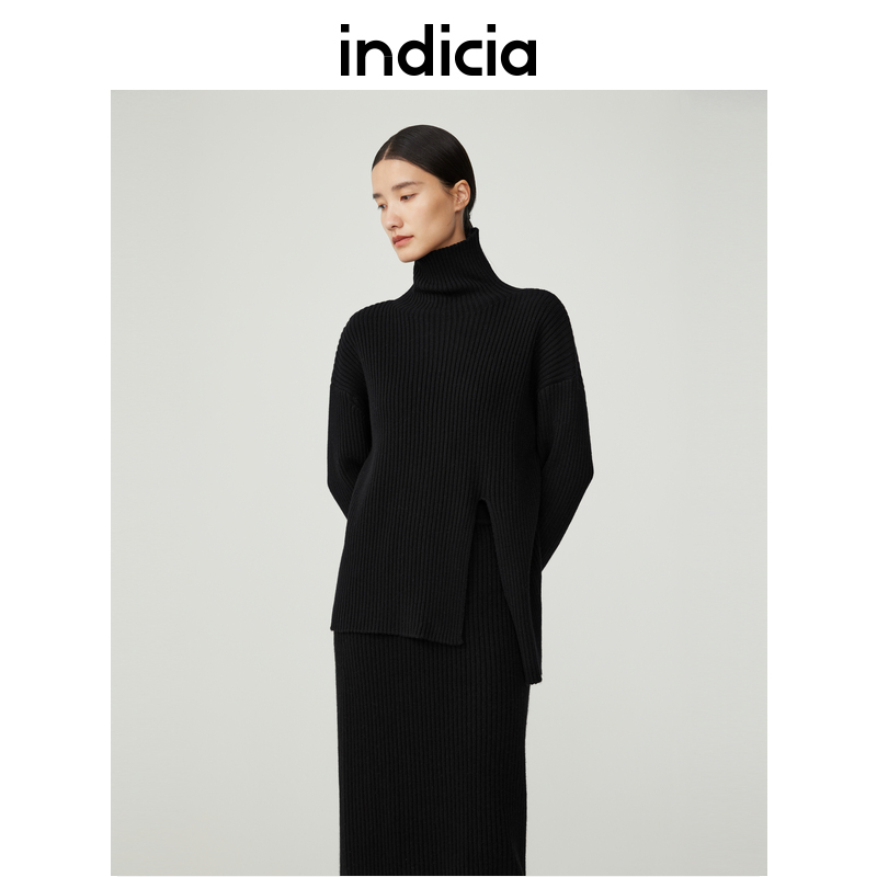 indicia 绵羊毛高领针织衫毛衣女黑色打底衫冬季商场同款标记女装