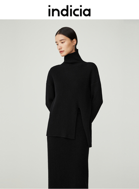 indicia 绵羊毛高领针织衫毛衣女黑色打底衫冬季商场同款标记女装