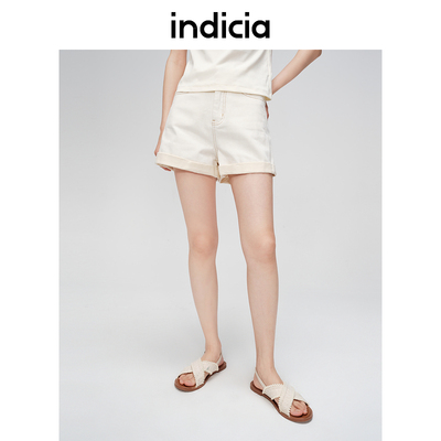 indicia标记商场夏白色短裤休闲裤女明线撞色棉牛仔裤6B405DK266F