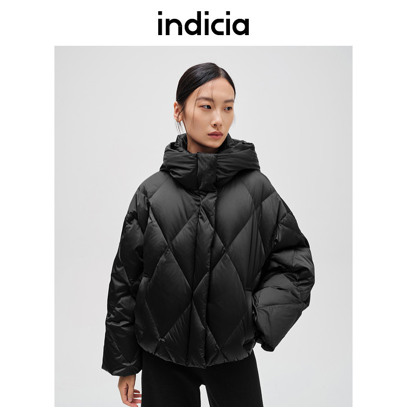 indicia标记黑色菱格纹连帽休闲短款羽绒服外套冬女装 F2D4YR751F,女装/女士精品,羽绒服,淘宝优惠券,粉丝福利购,淘宝优惠卷