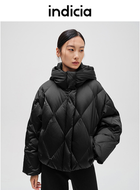 indicia标记黑色菱格纹连帽休闲短款羽绒服外套冬女装 F2D4YR751F