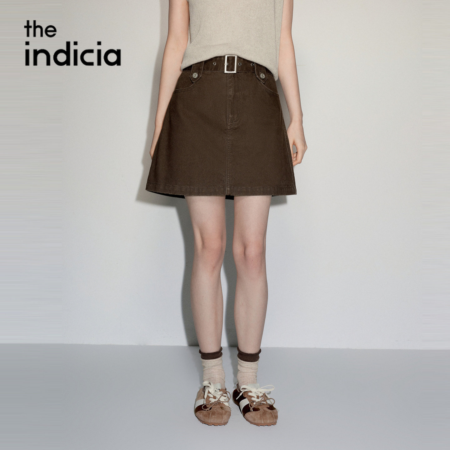 indicia标记商场同款2026秋季新款女装半身裙咖色棉短款牛仔裙子