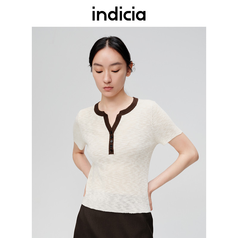 indicia标记商场同款夏季薄款短袖针织衫撞色休闲简约6B405ZZ296C