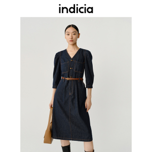 indicia牛仔连衣裙纯绵V领腰带裙子深蓝色春秋季商场同款标记女装