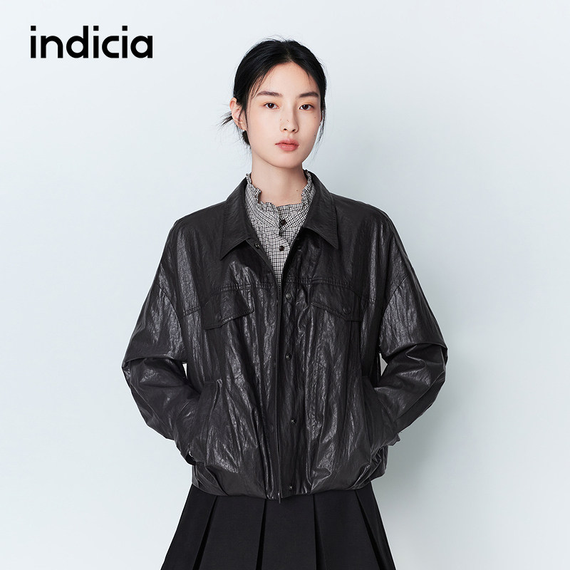 indicia标记商场26春季新款女装深咖色短款皮夹克外套L2A6WT017