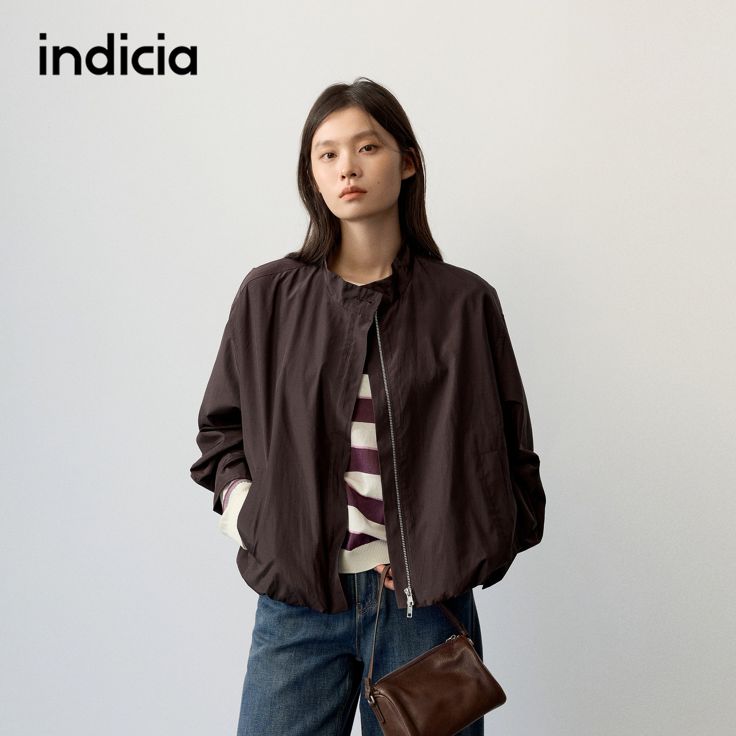 indicia标记商场同款2026秋季新款女装棕色立领短款外套小个子女