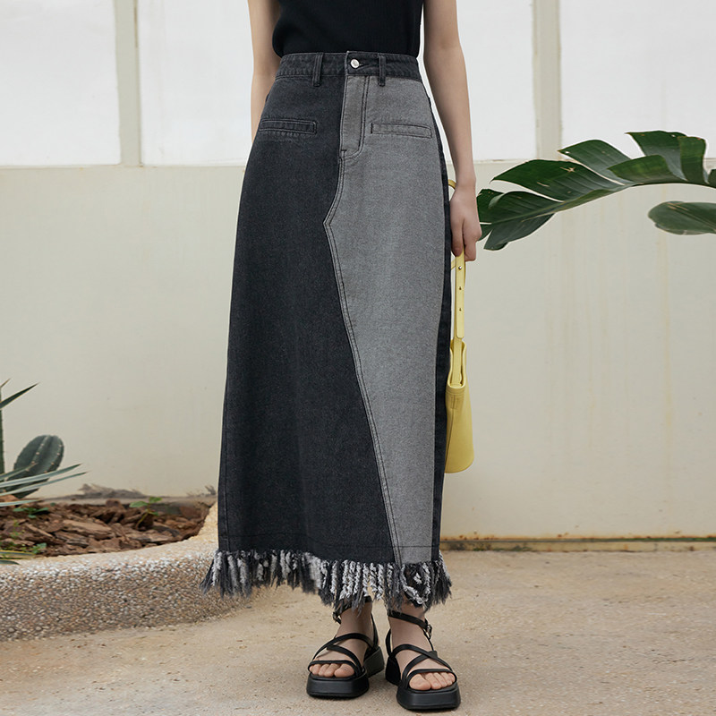 indicia 牛仔半身裙腰裙女拼接长款高腰裙子夏季新款时尚标记女装