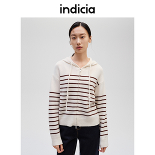 indicia标记商场秋冬韩系条纹慵懒感针织衫女连帽毛衣F2D4KS779C