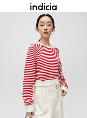 indicia标记商场同款条纹拼接针织毛衫女秋冬季女装6A402MS058N