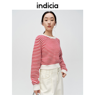 indicia标记商场同款条纹拼接针织毛衫女秋冬季女装6A402MS058N