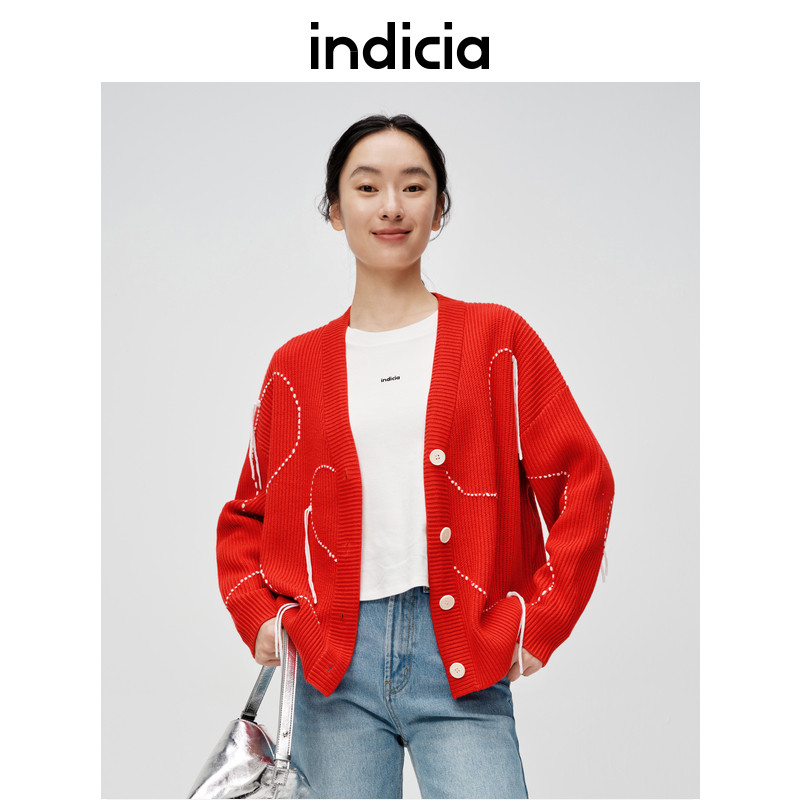 indicia标记商场同款春季新款毛衣红色喜庆针织衫开衫6A401KS021C