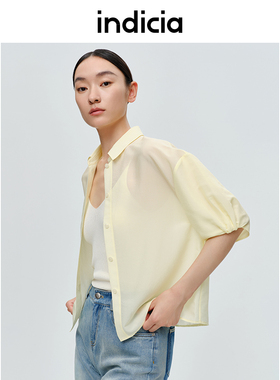 indicia醋酸桑蚕丝衬衫上衣夏季商场同款标记女装5B304CS124