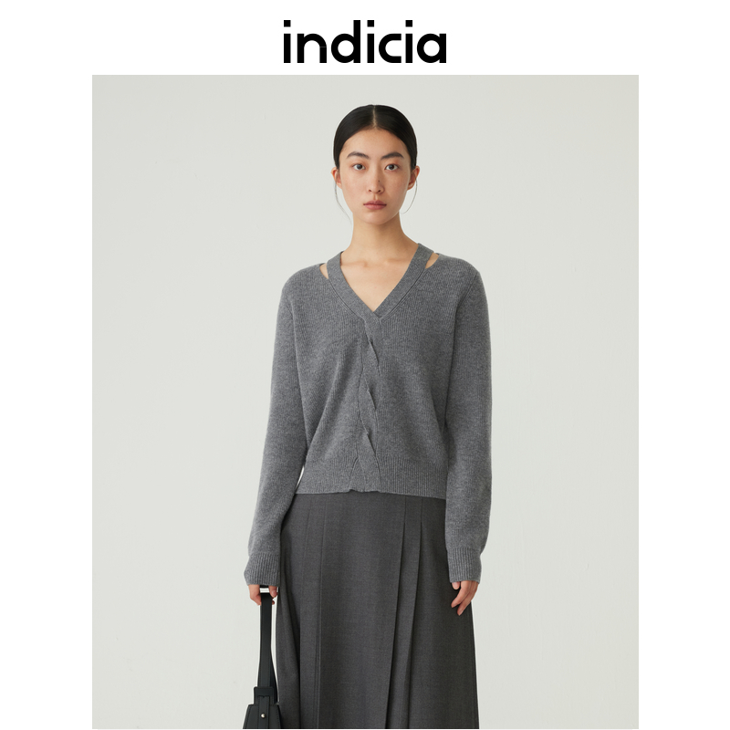 indicia 针织衫V领毛衣扭结上衣秋冬季新款商场同款标记女装